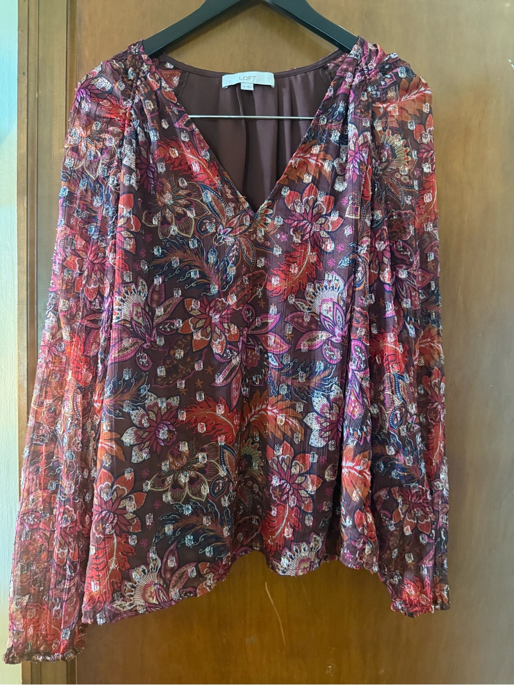 LOFT Burgundy Multi Floral V-Neck Long Sleeve Blouse